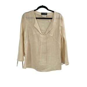 Vintage Studio 205 100% Linen Ivory V Neck Blouse Top Coastal Size 10 Medium